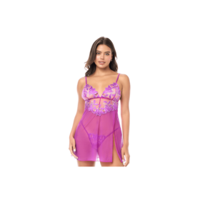 Babydoll sexy en résille brodée florale et string 